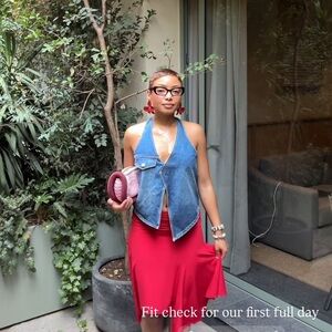 Denim Halter Top with Red Skirt